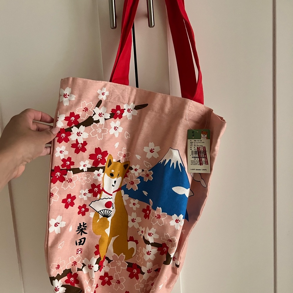 Cherry Blossom Shiba Inu Tote Bag with Red Handles